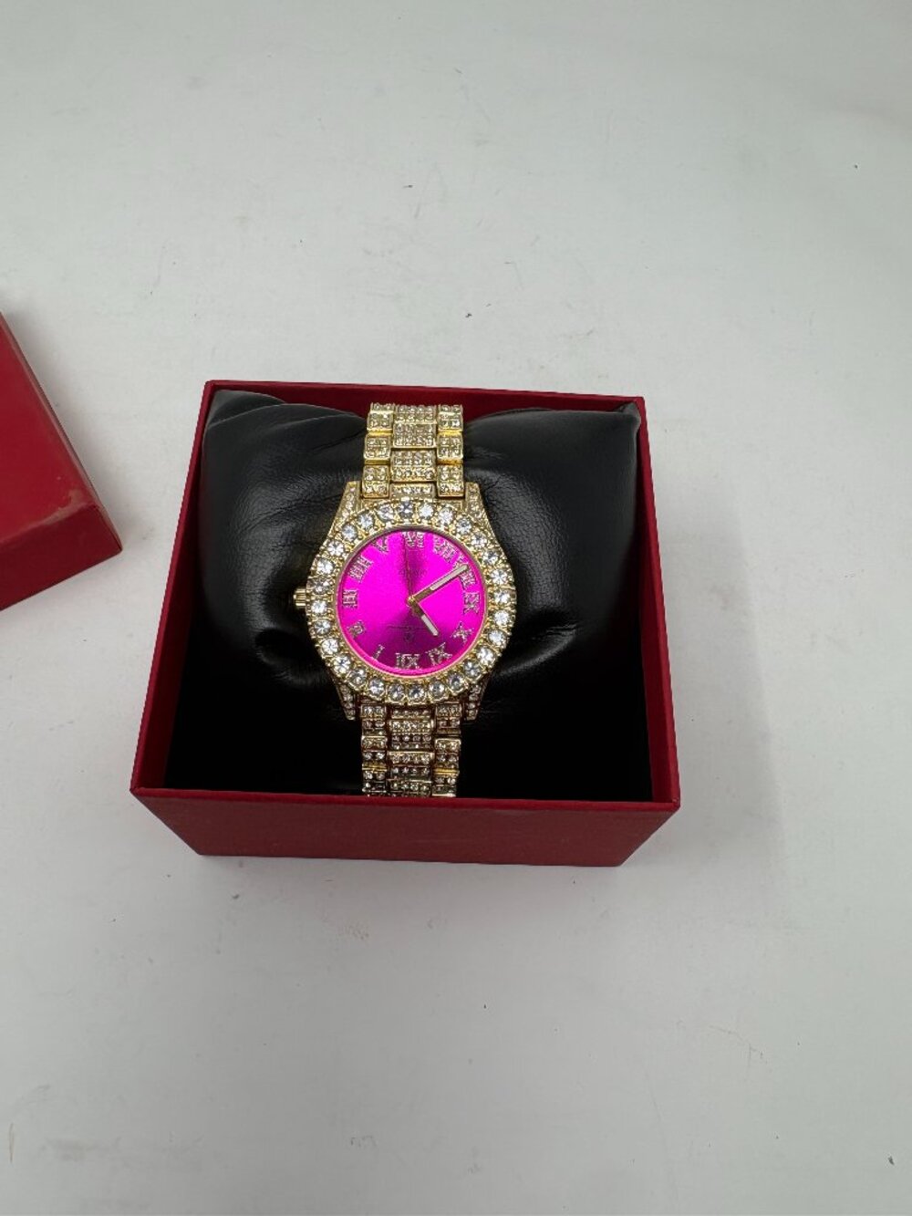 Charles Raymond Gold Tone Rhinestone Watch Pink Dial Adjustable Links